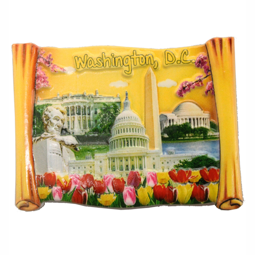 Ceramic Magnet DC Monuments and Flowers on Yellow Scroll, 3.25