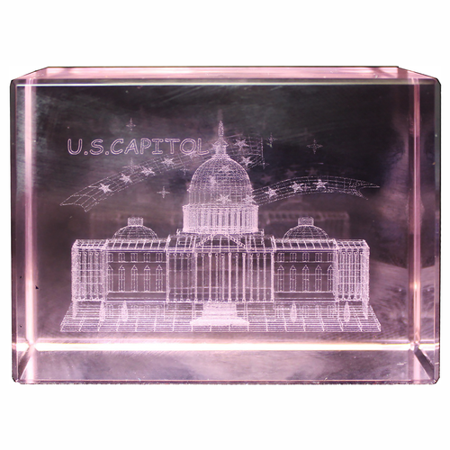 US Capitol & Stars Rectangle Crystal Paperweight, Clear, Pink, Blue 2.375