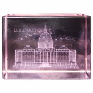 US Capitol & Stars Rectangle Crystal Paperweight, Clear, Pink, Blue 2.375" X 3.125" X 1.5"