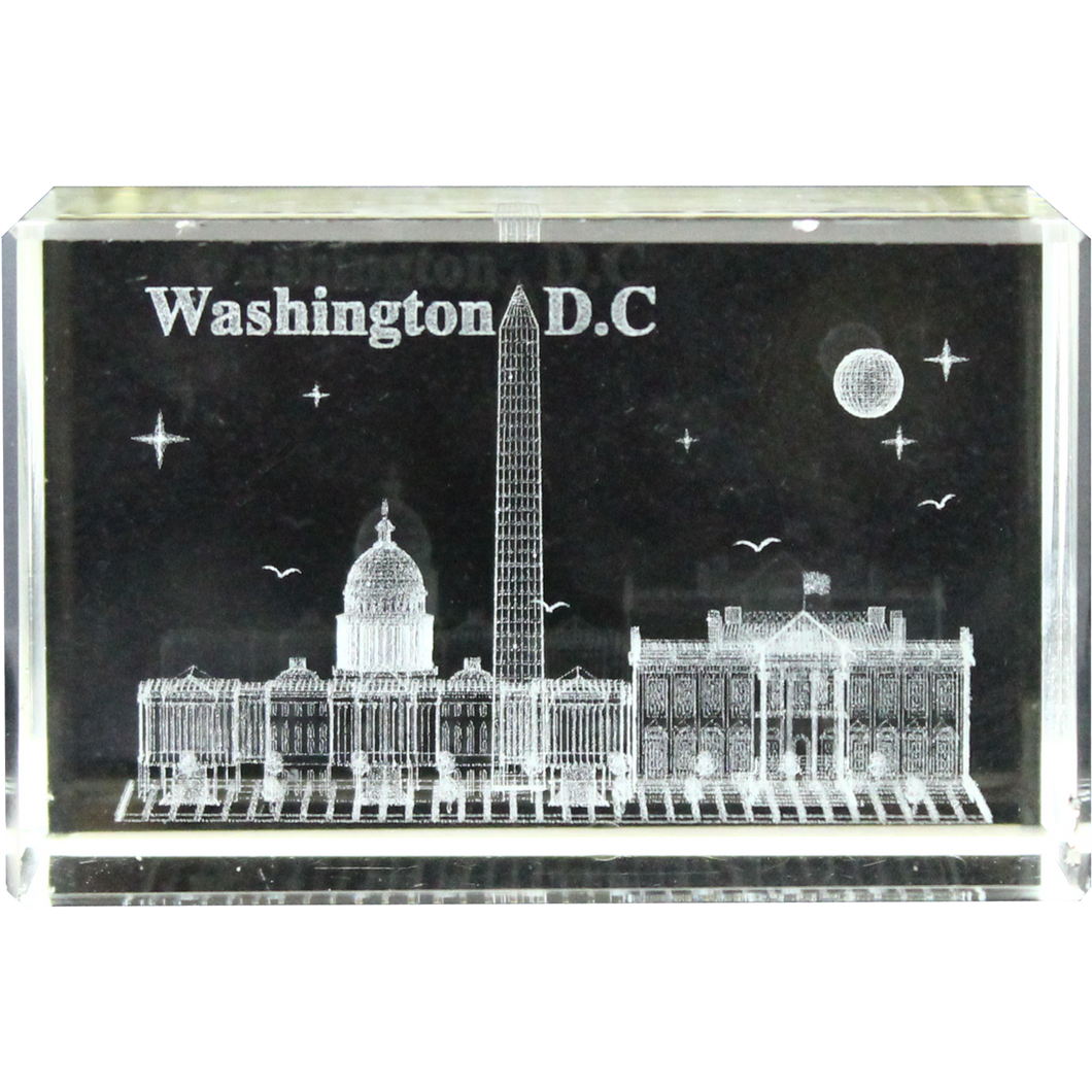 Rectangular Clear Crystal Paperweight, Panorama, White House, or Capitol 2.375