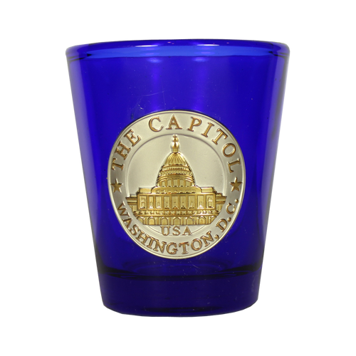 Capitol Pewter Medallion Clear Cobalt Blue Shot Glass 2.375