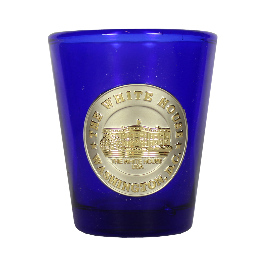 White House Pewter Medallion Clear Cobalt Blue Shot Glass 2.375