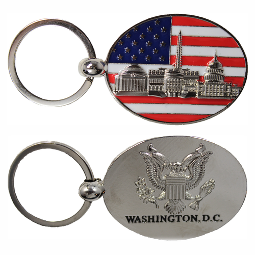 Washington DC Panorama & Flag Oval Metal Keychain, 3.25