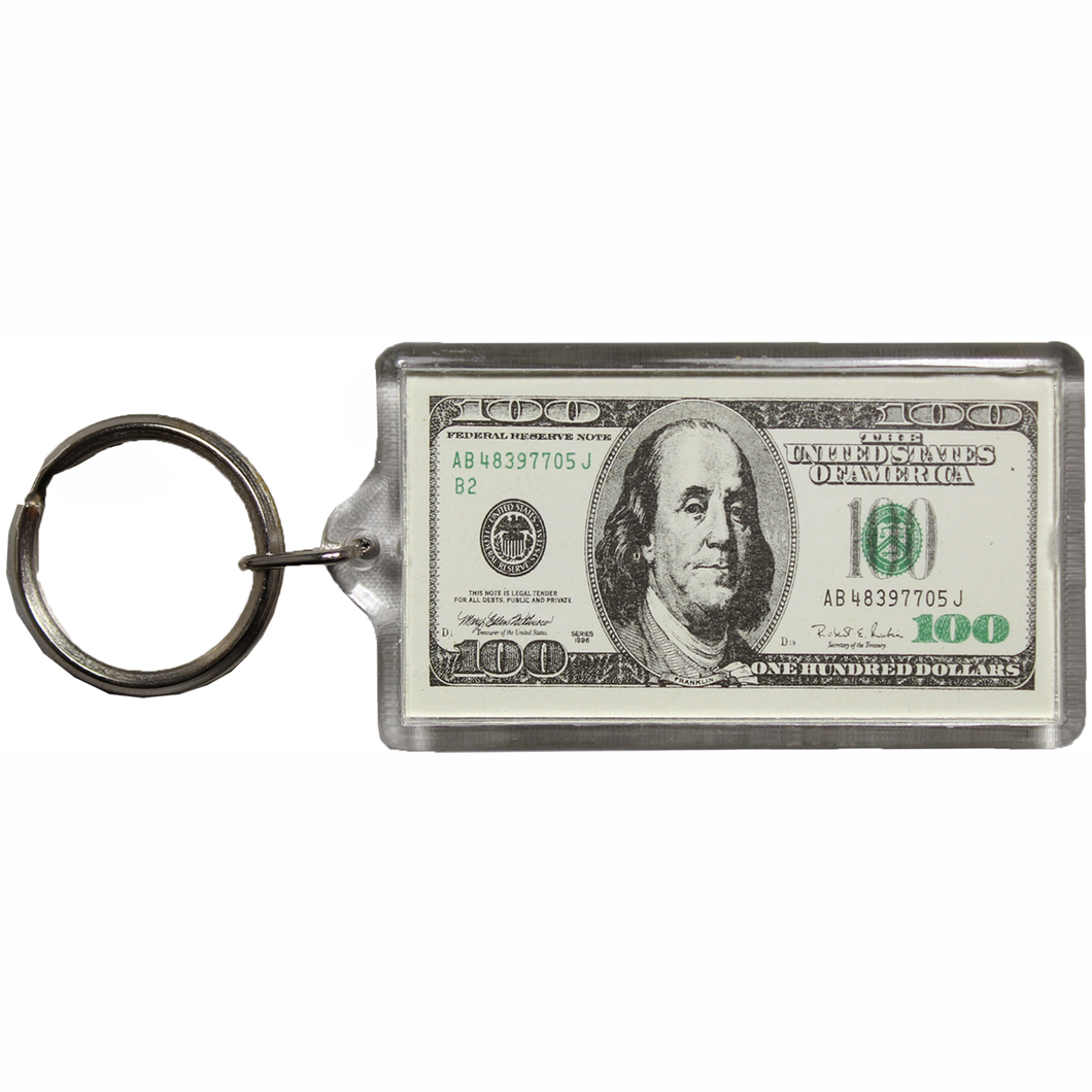 Plastic Keychain $100 Bill Rectangular, 3.75